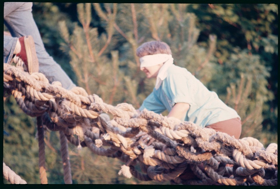 Lynn Lankton blindfolded on macrame Bridge 1976